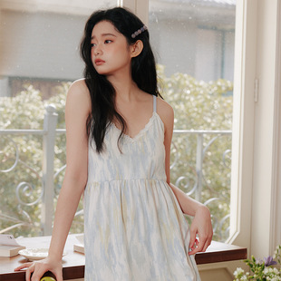 带胸垫 夏季显瘦蓝色竖纹A类抑菌防螨纯棉吊带睡裙少女清凉睡衣