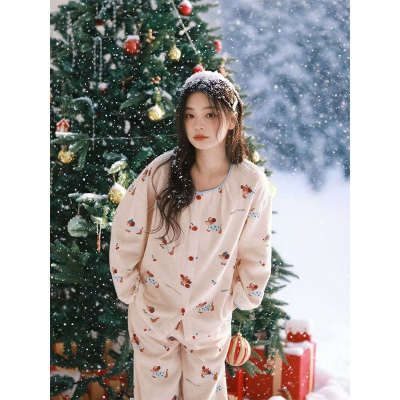 新款全棉磨毛家居服韩版宽松可爱狗狗印花圆领长袖长裤睡衣