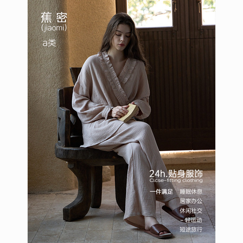【A类双层纱】婴儿棉棉纱女士睡袍短袍秋季新款睡衣女款家居服棉