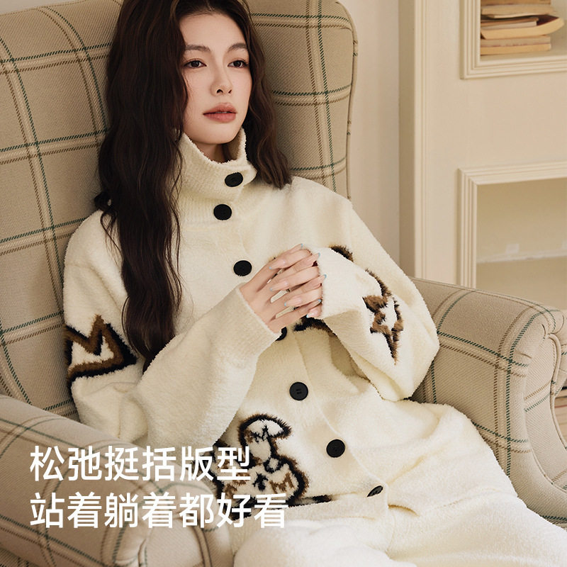 睡衣女冬软绵绵加绒加厚保暖半边绒可爱卡通兔子家居服可外穿套装
