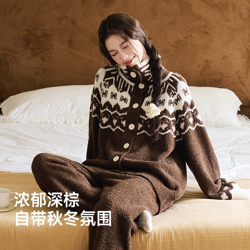 可外穿复古费尔岛提花半边绒睡衣两件套女秋冬新款加厚保暖家居服