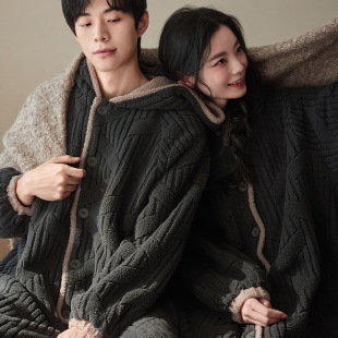 情侣睡袍冬季珊瑚绒加厚加长款可外穿连帽羊羔绒女睡衣晨袍男浴袍