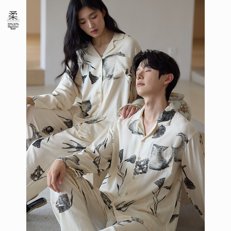 【竹纤维】秋季加厚情侣睡衣新款竹棉开衫款长袖男女士家居服套装