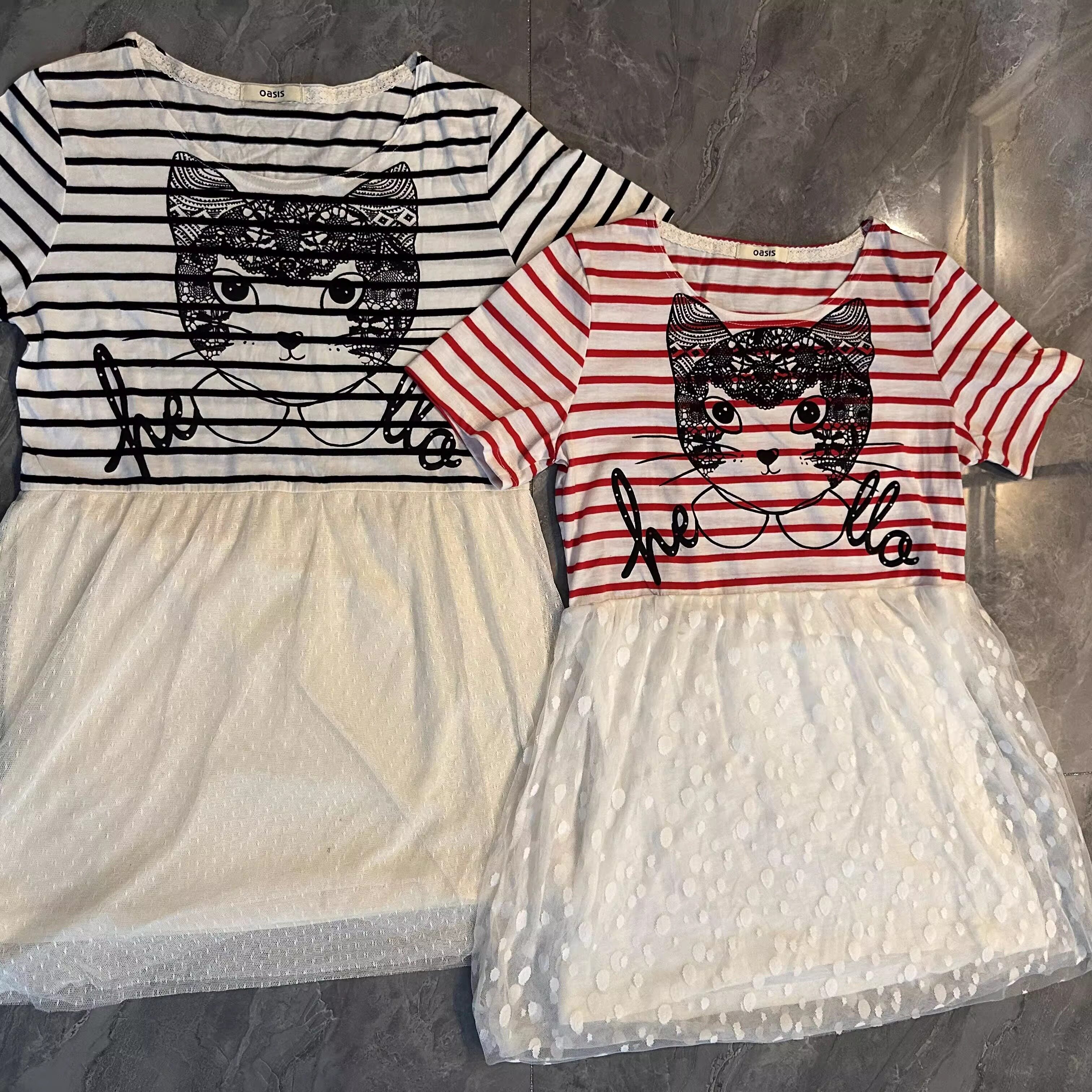 特价亏本清！短袖纱裙 条纹猫咪印花连衣裙（二色）
