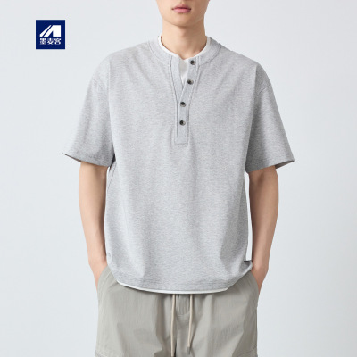 墨麦客男装美式休闲亨利领假两件t恤男2026夏新款男士短袖75255.