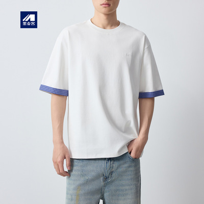 墨麦客男装高智通勤圆领男士t恤2026春新款格子袖口短袖男75181.