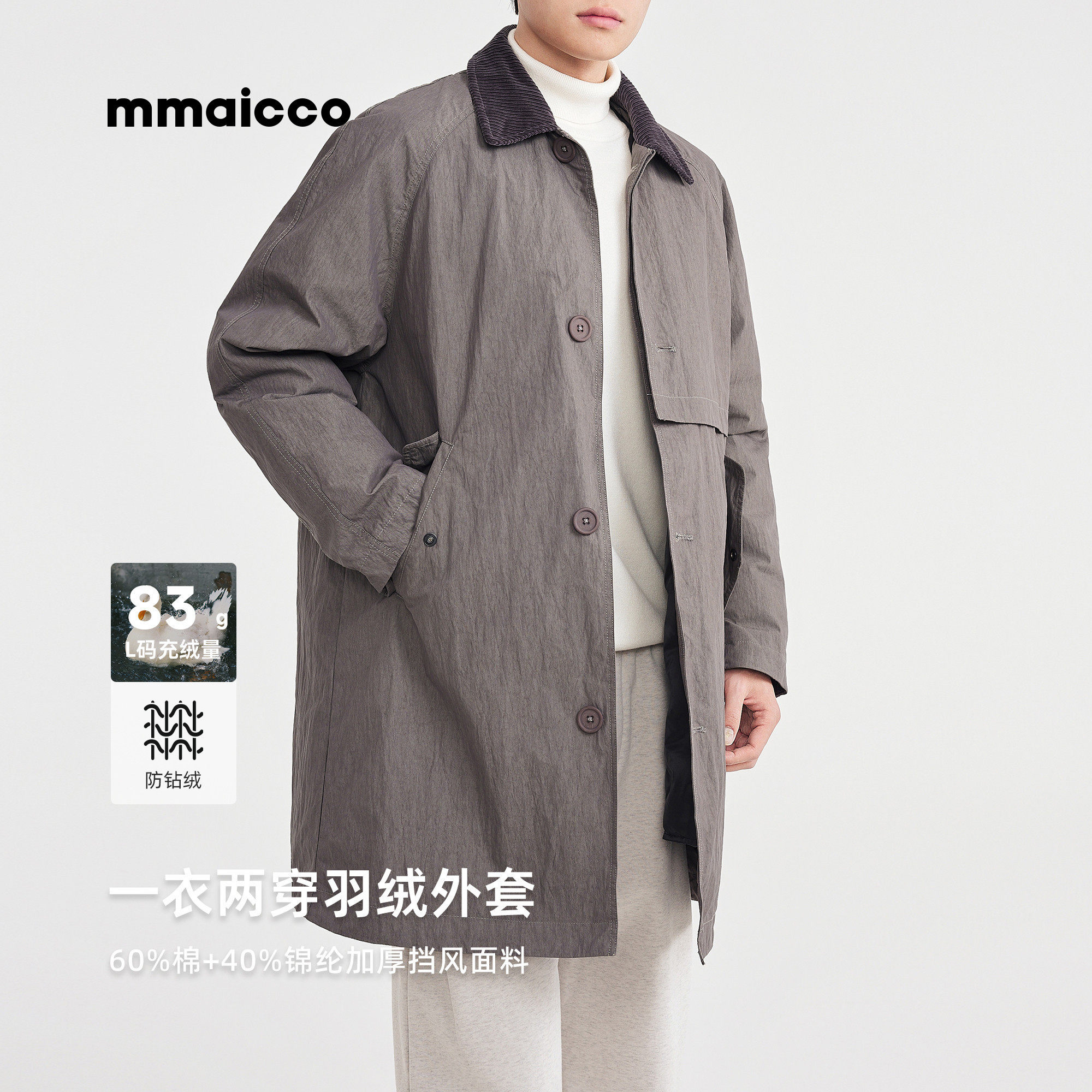 墨麦客男装2025冬季新款可脱卸内胆风衣式羽绒服男士90白鸭绒外套