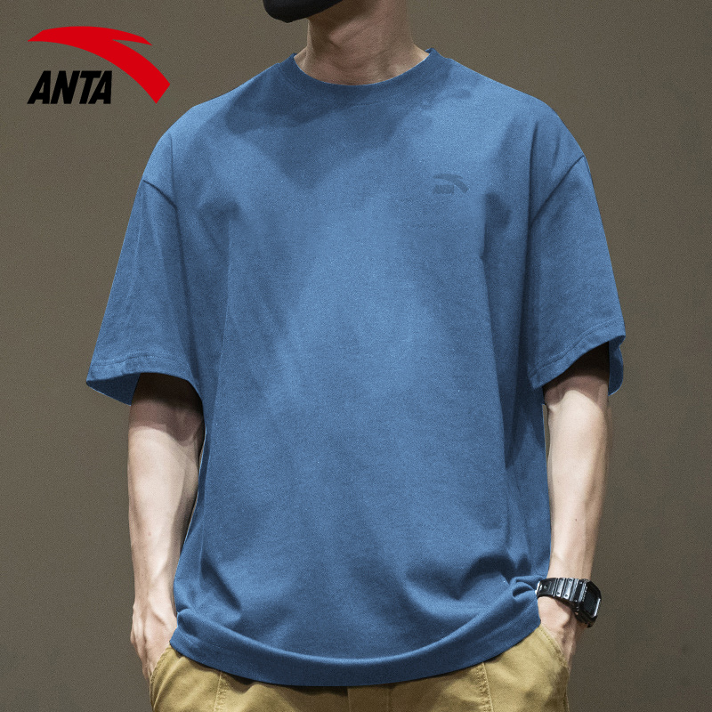 安踏短袖棉T恤男2025新款夏季男士蓝色大码上衣半袖休闲运动体恤