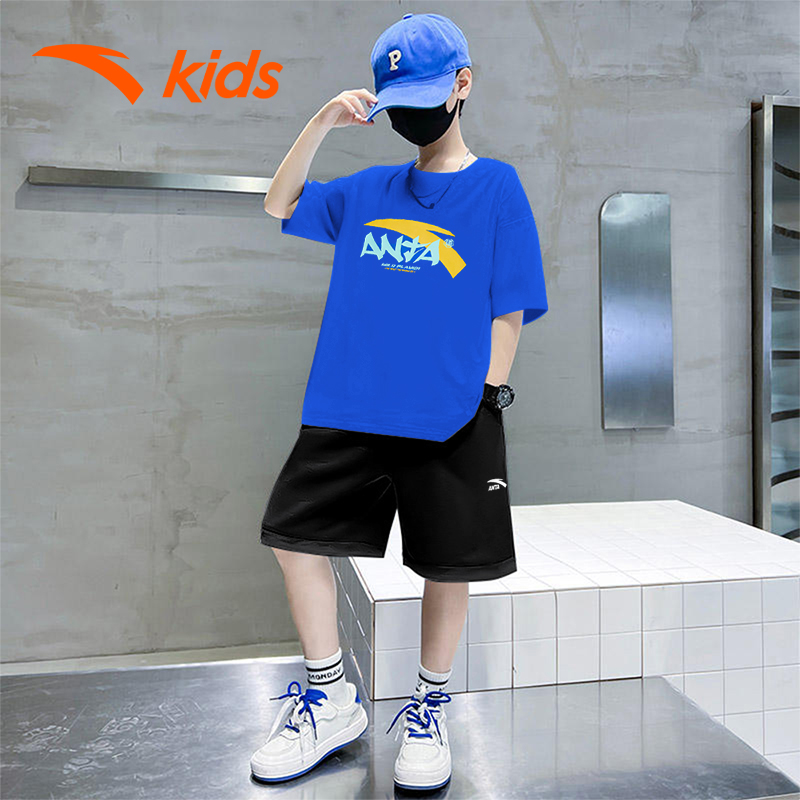 安踏男童夏装运动套装2025新款夏季儿童冰丝速干短袖短裤蓝色童装