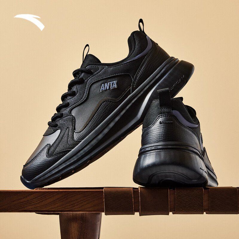 安踏女鞋老爹鞋2025新款秋冬女款皮面保暖休闲鞋黑色软底运动鞋女