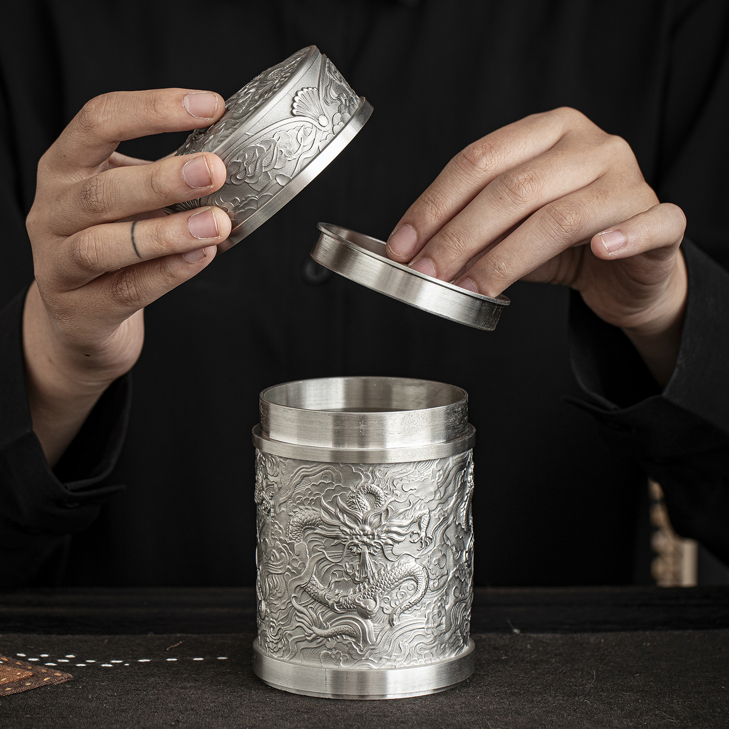 哲明云龙大号密封禅意茶叶锡罐