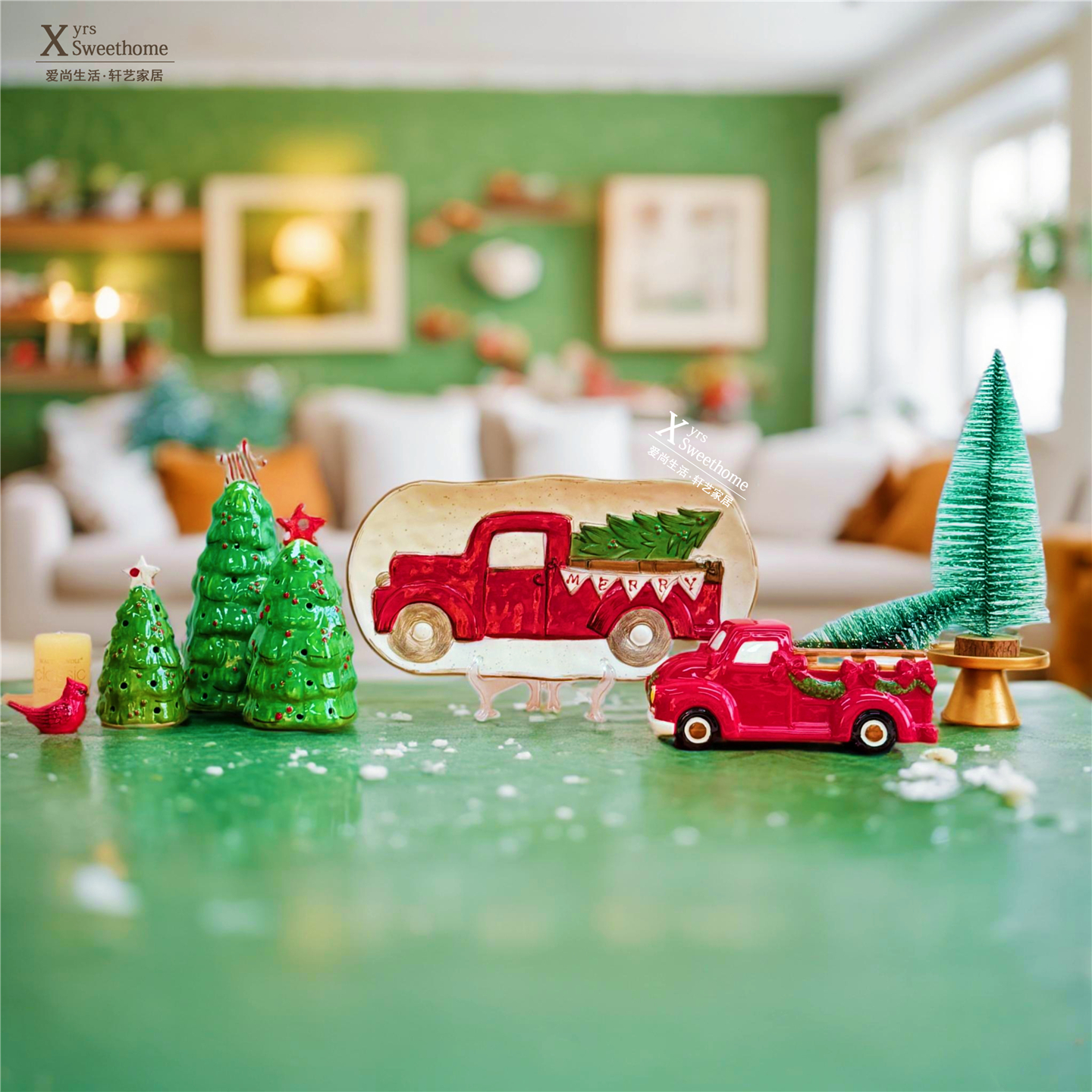 手绘釉下彩圣诞树节日氛围灯盘子