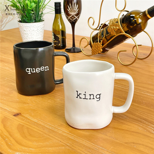外贸陶瓷马克杯 女王水杯手捏不规则造型情侣对杯奶杯 国王大杯子