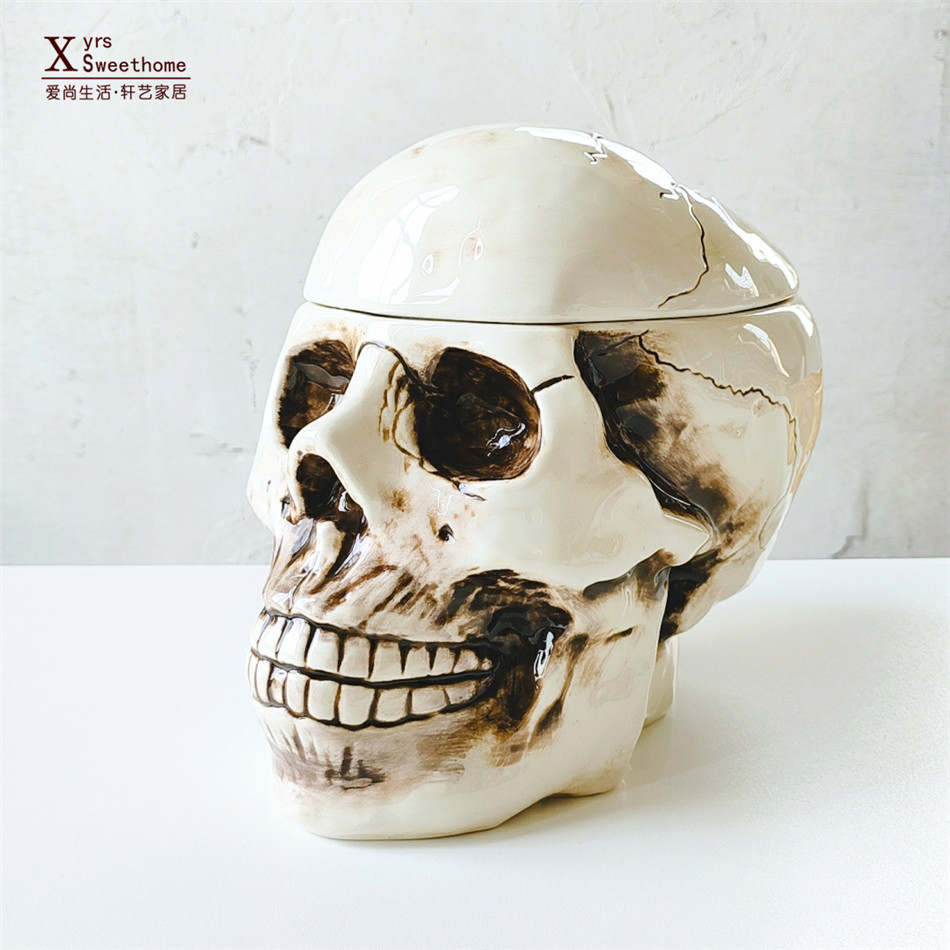 外贸陶瓷饼干罐子骷髅头造型储物收纳罐万圣节装饰鬼头罐子大摆件