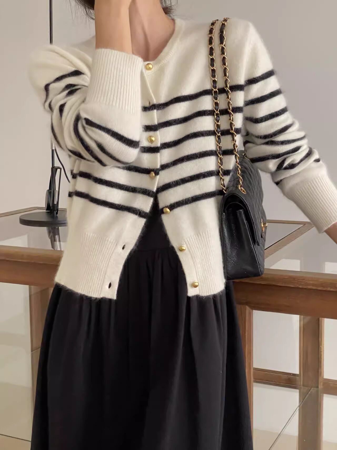 现韩国东大门代购GRAND BOUL女2023秋冬复古金扣条纹纯色针织开衫