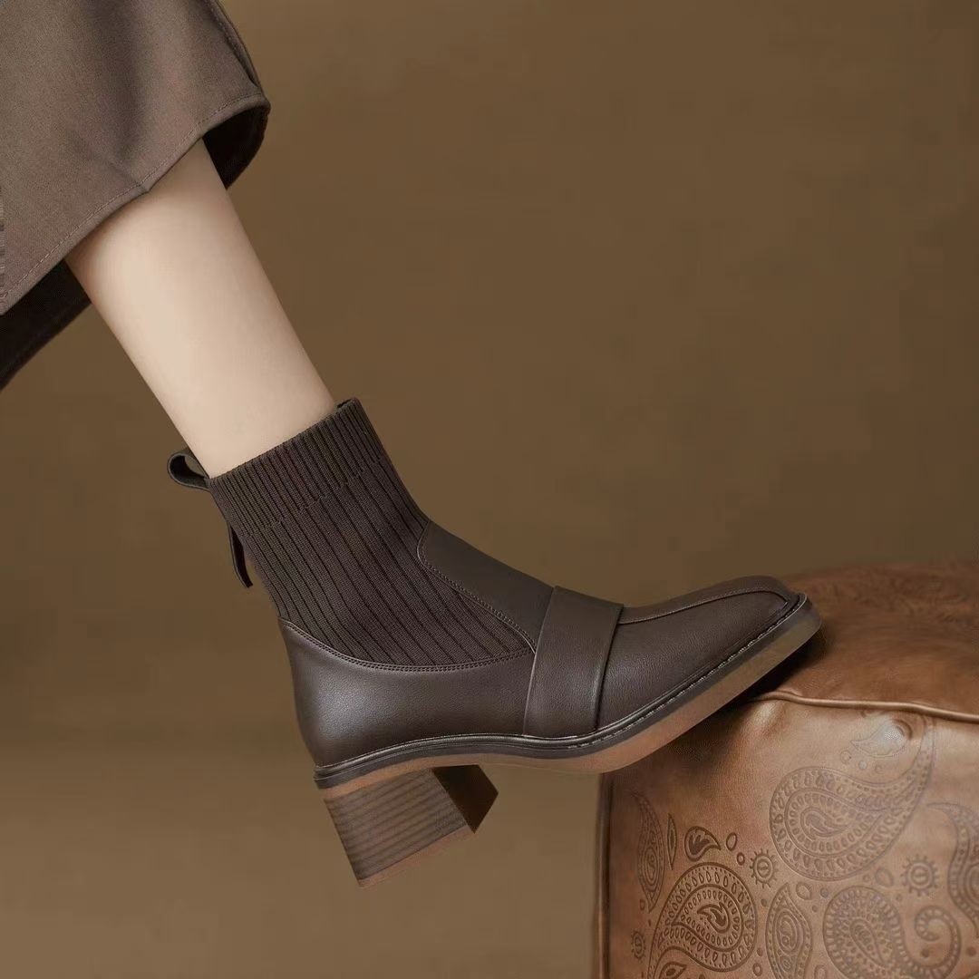 法式秋冬季针织筒粗跟短靴女软皮高跟瘦瘦靴子棕色马丁靴弹力袜靴