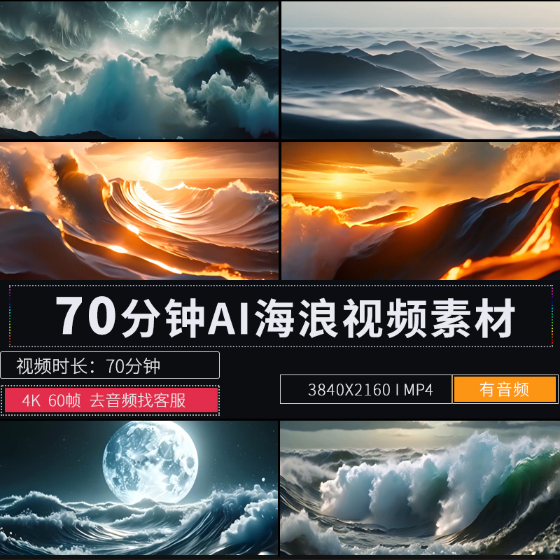 70分钟4K唯美海浪AI大海花LED场景背景天幕酒吧KTV展示VJ视频素材