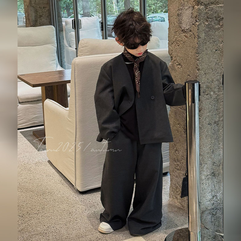 男童秋装西服套装2025新款儿童帅气秋季时髦痞帅男孩西装两件套潮