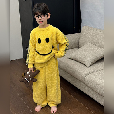 男童家居服套装2025冬季新款洋气儿童装加厚半边绒卡通睡衣可外穿