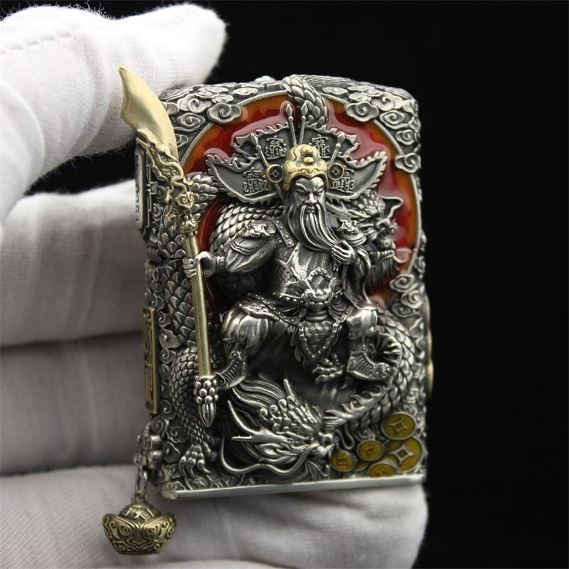 zippo煤油打火机防风砂轮官正品芝宝美国原版古银色关公神龙财神