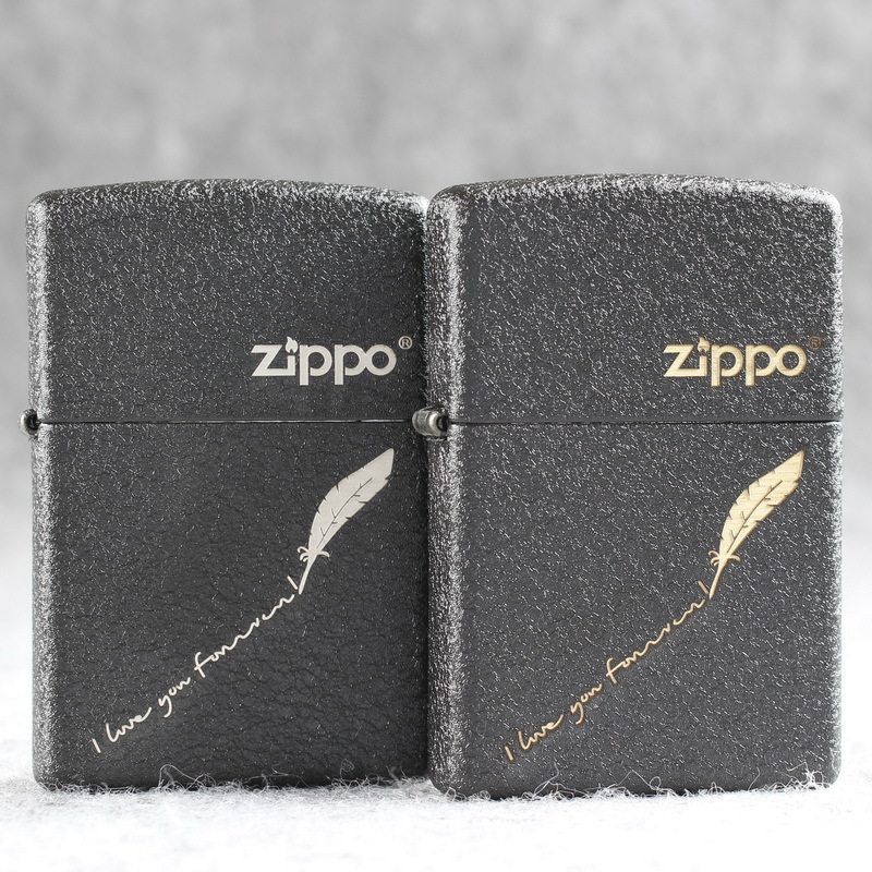 zippo煤油打火机官正品美国芝宝皱纹黑磨砂黑裂漆刻爱情羽毛笔记