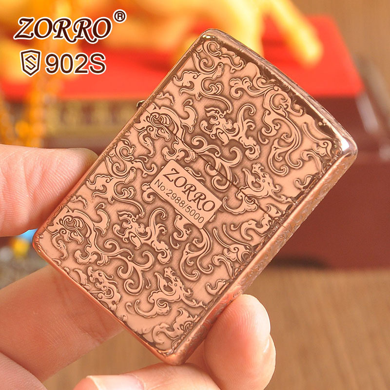 zorro佐罗正品砂轮煤油打火机铜壳紫铜加厚S盔甲五面祥云图腾标志