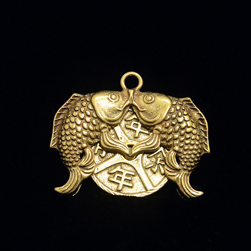 纯黄铜手工匠复古法作典藏国风艺术年年有鱼装饰品挂件双鱼抱铜钱