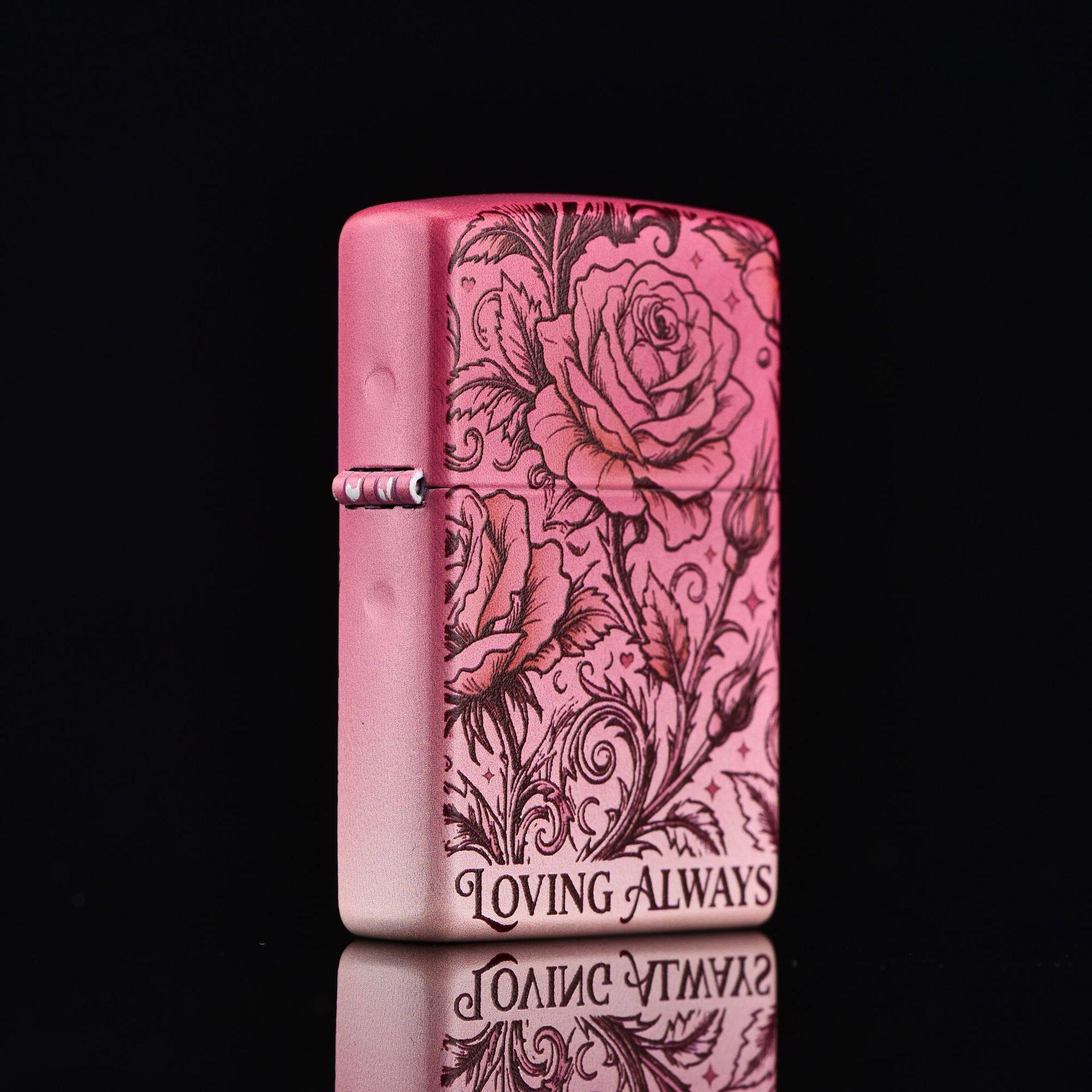 zippo煤油打火机官正品美国芝宝艺术渐变粉红色一枝花朵玫瑰私语