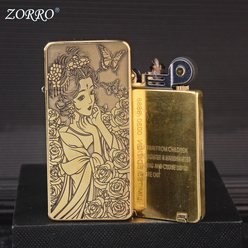 zorro佐罗正品砂轮煤油打火机铜壳二代超薄窄细长条蝴蝶仙子美女