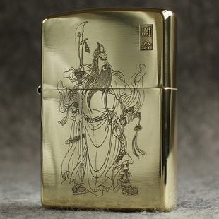 zippo煤油打火机官正品美国芝宝黄铜金色刻关公关云长义薄云天礼
