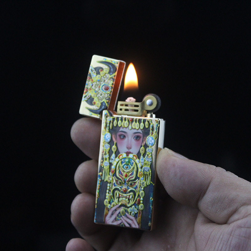 金属超薄窄细长条密封省煤油打火机轻奢鎏金色彩国潮扎基拉姆美女