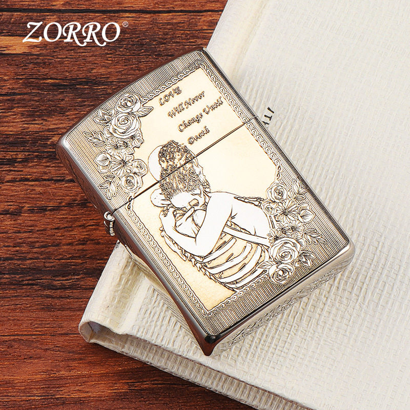 zorro佐罗正品砂轮煤油打火机铜壳银色LOVE字至死不渝爱情侣骷髅