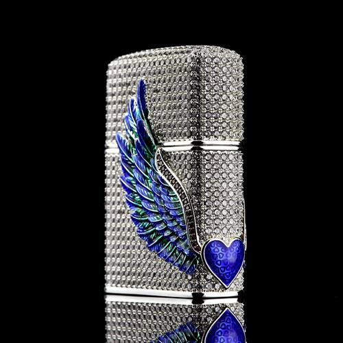 zippo煤油打火机官正品美国芝宝套壳银色镶满钻蓝飞得更高鹰翅膀
