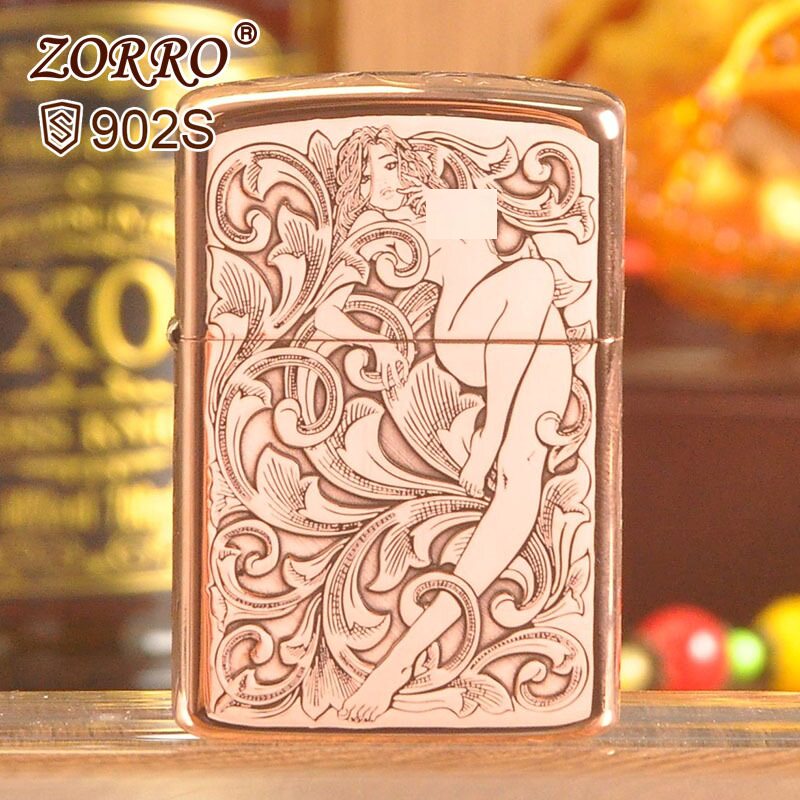 zorro佐罗正品砂轮煤油打火机铜壳紫铜加厚S盔甲刻唐草仙子唐草花