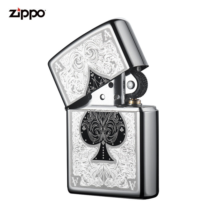 zippo煤油打火机官正品美国芝宝经典黑冰扑克牌暗花幺点黑桃A印花
