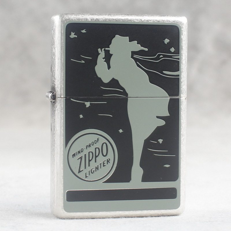 zippo煤油打火机官正品美国芝宝韩1937复刻平头古银风中女郎蓝色