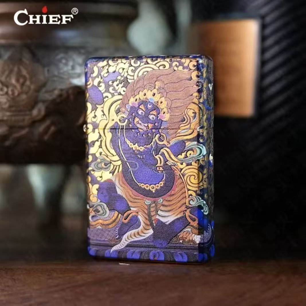 chief首领正品新款砂轮防风煤油打火机铜壳超薄宽平头藏式黑财神