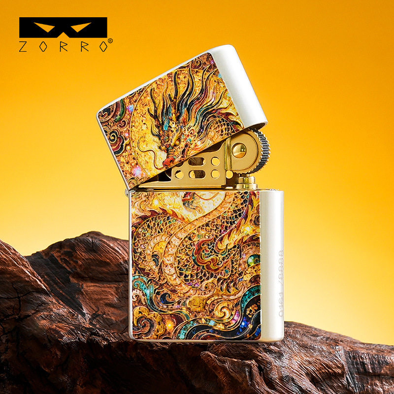 zorro佐罗正品砂轮煤油打火机铜壳三代薄平头镀银色拉丝龙凤呈祥