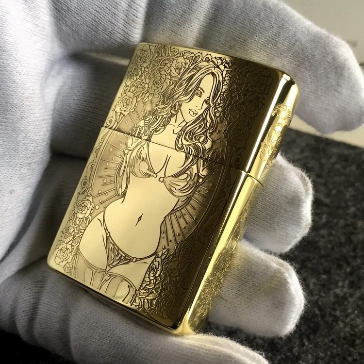 zippo煤油打火机官正品美国芝宝黄铜金色盔甲刻骷髅美女骷髅仙子