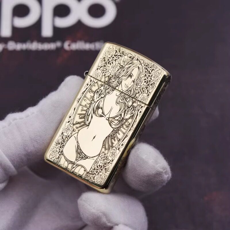 zippo煤油打火机官正品美国芝宝黄铜金色刻骷髅美女纤巧窄款礼品