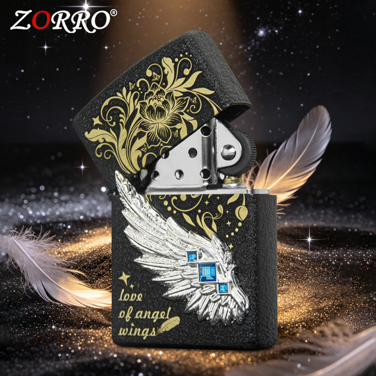 zorro佐罗正品砂轮煤油打火机铜壳黑磨砂章热恋之翼翅膀镶嵌蓝钻图片