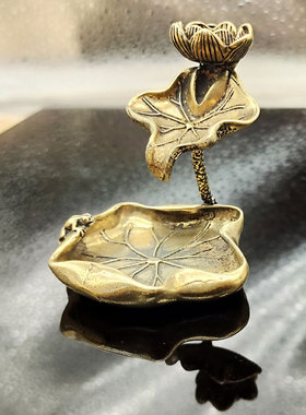 复古典藏国风艺术黄铜摆件古法手工匠作荷叶莲花倒流香青蛙池茶宠