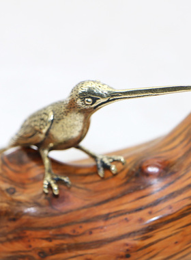 实心纯铜报喜鸟桌面小摆件仿真长嘴蜂鸟茶刀黄铜微雕手把件小翠鸟