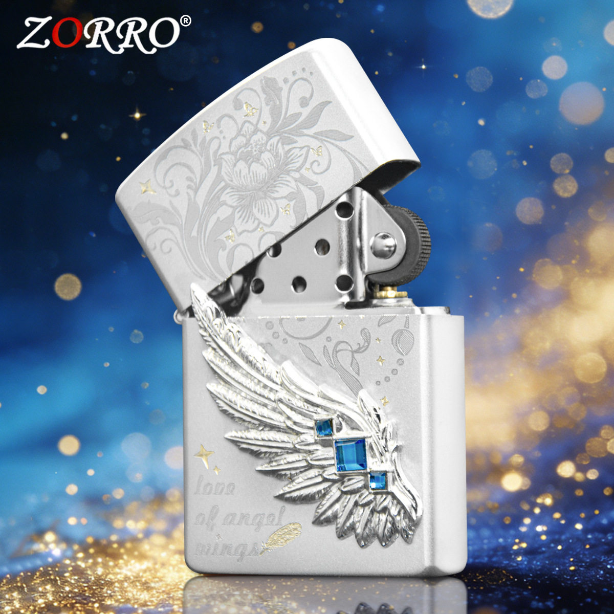 zorro佐罗正品砂轮煤油打火机铜壳砂铬银色章新热恋之翼翅膀蓝钻图片