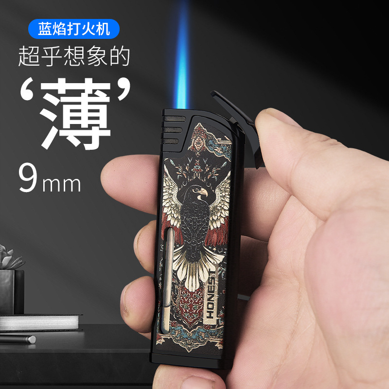 Honest百诚正品新款金属超薄窄款直冲防风充气蓝焰打火机商务礼品