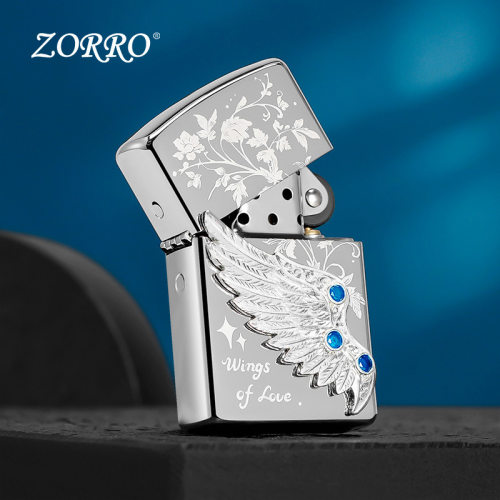 zorro佐罗正品砂轮煤油打火机铜壳亮铬银色贴章热恋之翼翅膀蓝钻