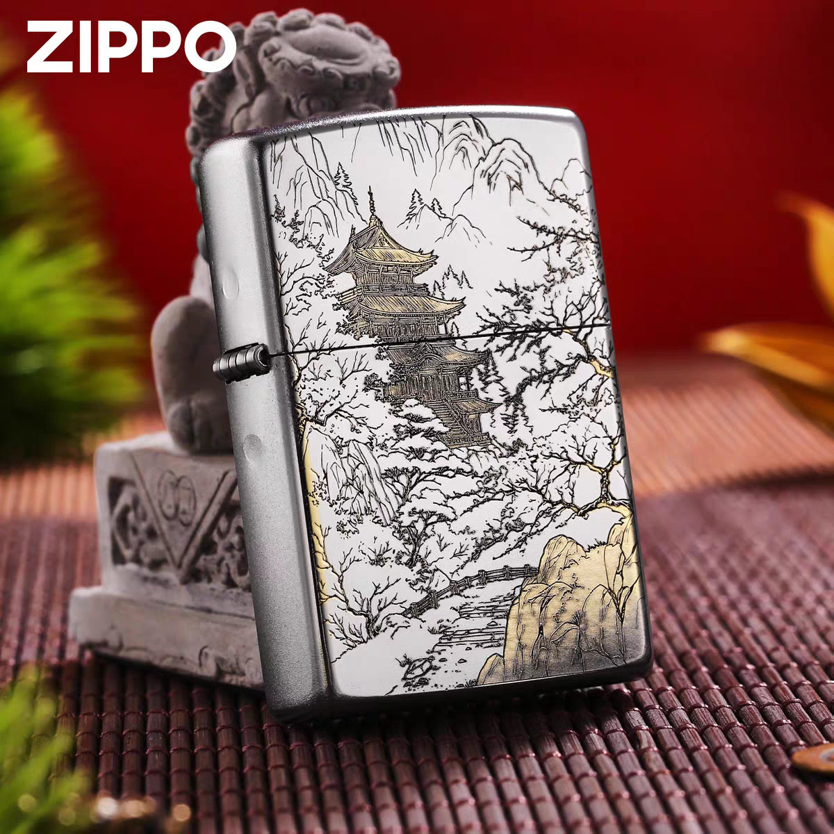 zippo煤油打火机官正品美国芝宝镀铬银色刻山间亭台楼阁山河丽景