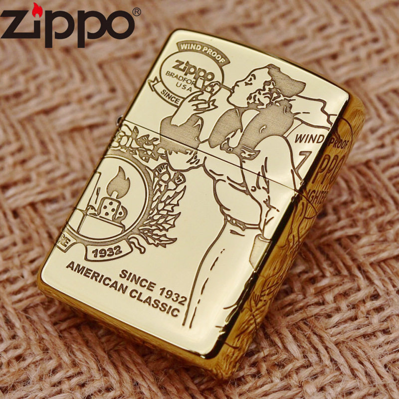 正品芝宝zippo美国规格真原版煤油打火机黄铜金色环绕风中女郎图