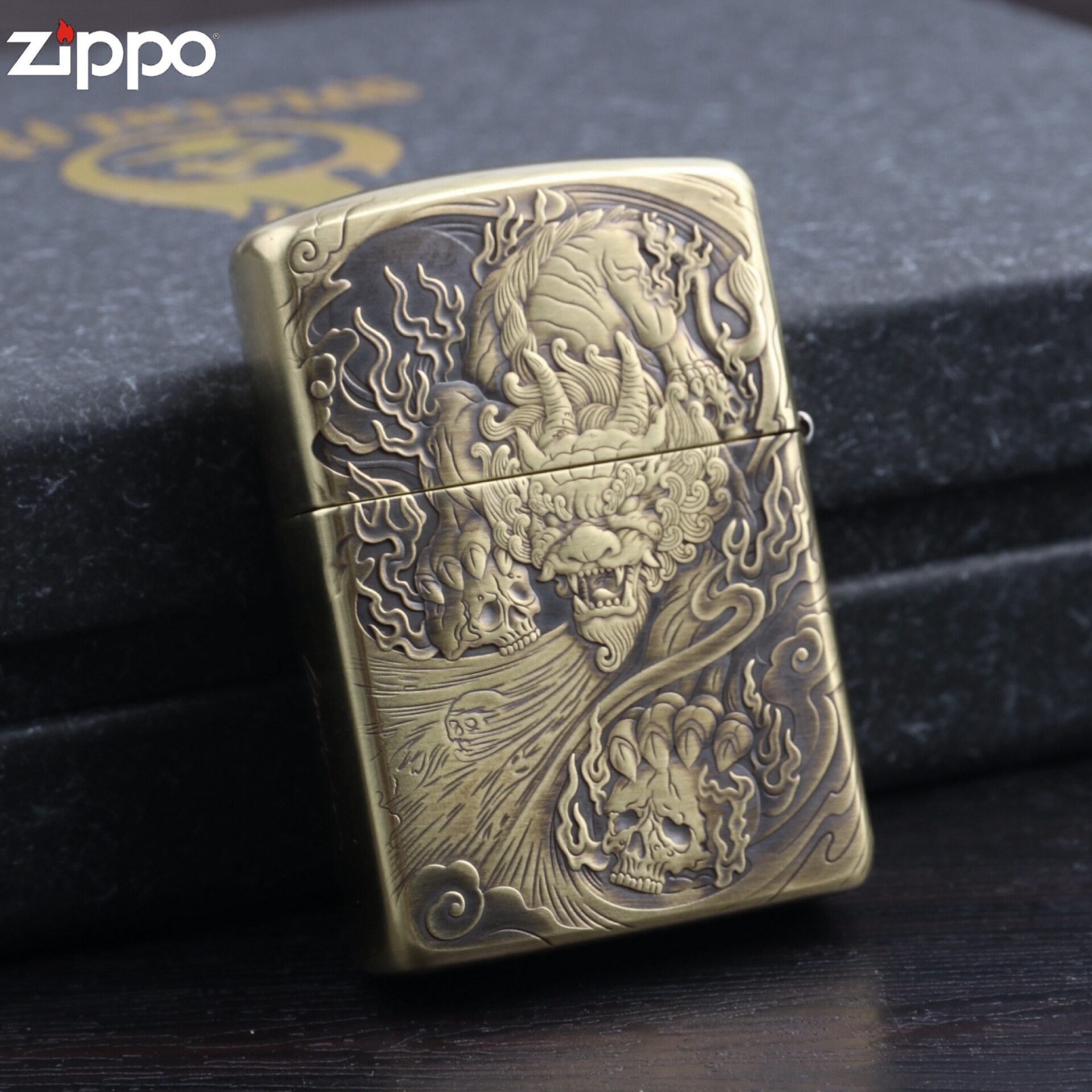 zippo煤油打火机官正品美国芝宝复古黄铜盔甲雕国潮天禄貔貅神兽