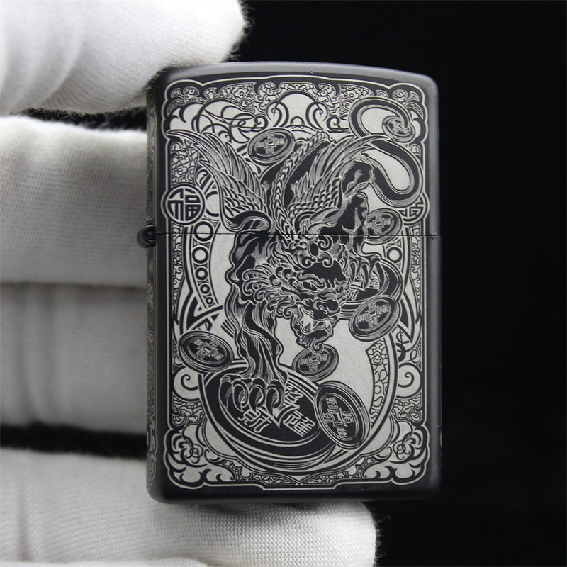 zippo煤油打火机官正品美国芝宝经典黑色雕刻五面貔貅招财神兽礼